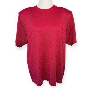 Vintage Red Short Sleeve Sweater Metallic Lurex Knit Size Large